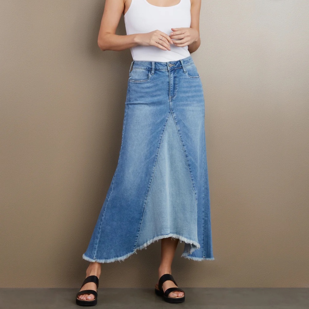 Wash Lab Selma Pieced Denim Asymmetrical Maxi Skirt Two Tone Sky 32 Hippie Boho